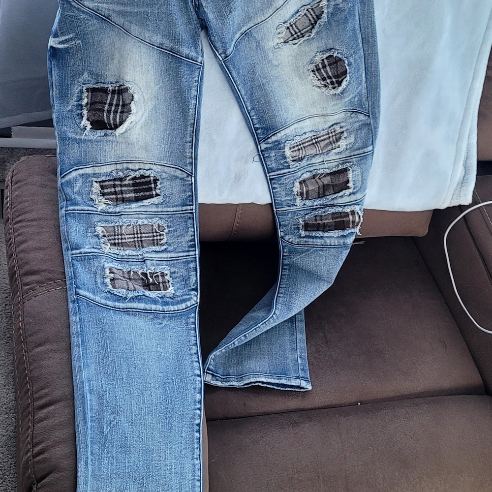 Reason Light Blue Distressed Jeans with Plaid Details